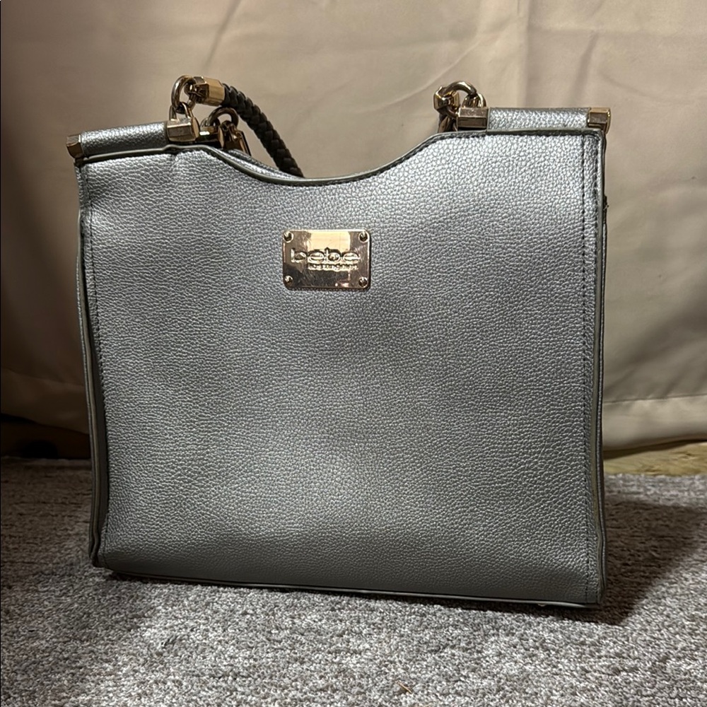 Bebe Silver Shoulder Bag with Gold Hardware